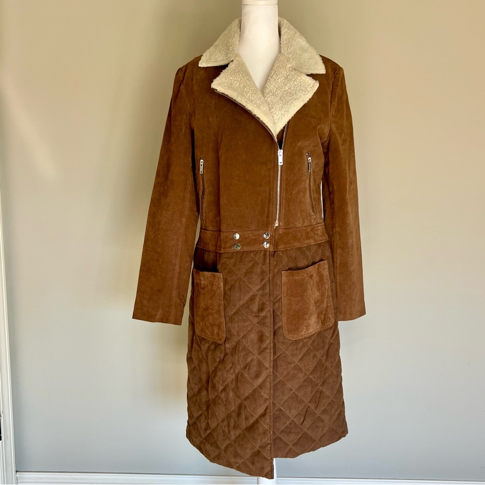 Suede Quilted Brown Leather-Style Coat with Shearling Collar, Sz 8